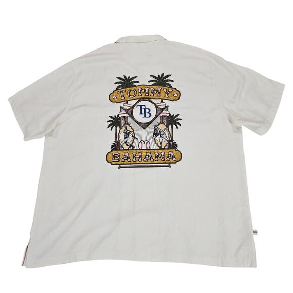 NWT Tampa Bay Rays Tommy Bahama Shirt Mens XXXL Off White Embroidered Silk Camp - Picture 1 of 15